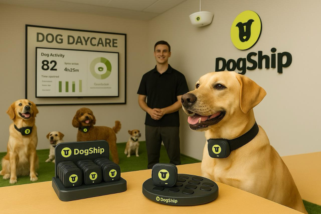 Cães felizes na creche Dogship usando a coleira inteligente